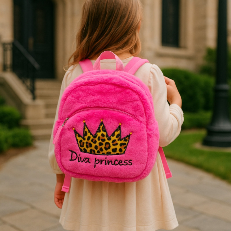 Sac à Dos Fille 27cm Rose Peluche Douce Modèle Diva Princess Idéal Maternelle et Sorties