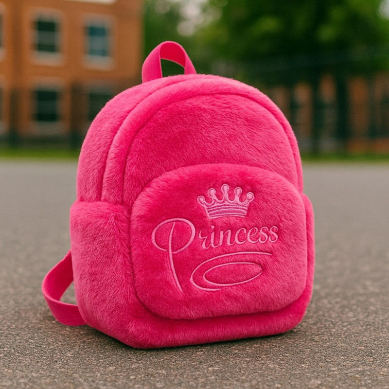 Sac à Dos Fille 27cm Rose Peluche Douce Modèle Couronne Princesse Idéal Maternelle et Sorties