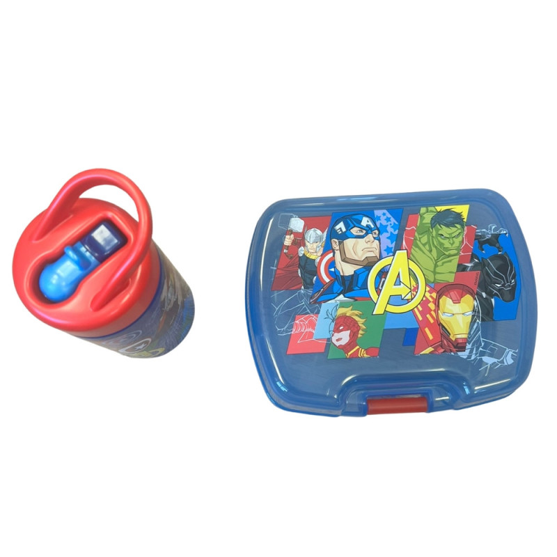 Set Repas Enfant Avengers avec Boîte à Gouter et Gourde 420ml Plastique Bleu pour Ecole et Sorties