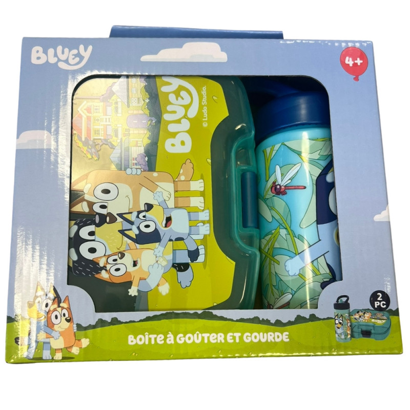 Set Repas Enfant Bluey avec Boîte à Gouter et Gourde 420ml Plastique bleu pour Ecole et Sorties