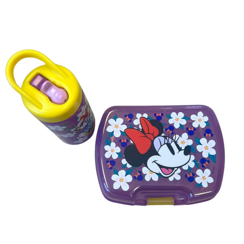 Set Repas Enfant Minnie avec Boîte à Gouter et Gourde 420ml Plastique violet pour Ecole et Sortie