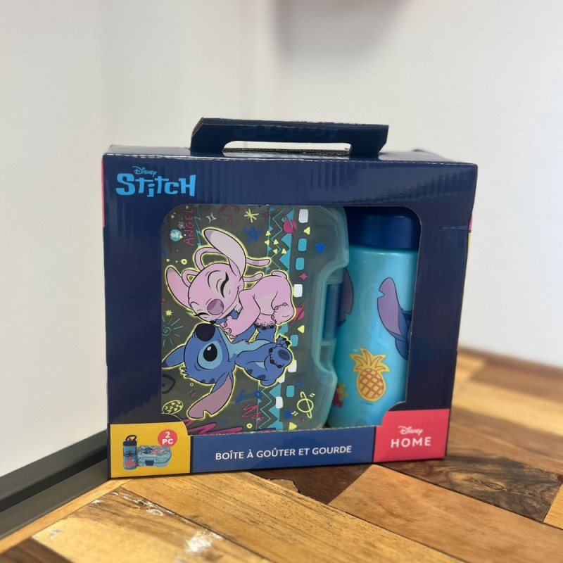 Set Repas Enfant Stitch avec Boîte à Gouter et Gourde 420ml Plastique Bleu pour Ecole et Sorties