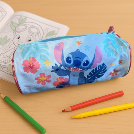 Trousse Enfant Stitch Forme Cylindre 23cm Grande Capacité Bleu et Rose Idéale pour l'École et le Bureau