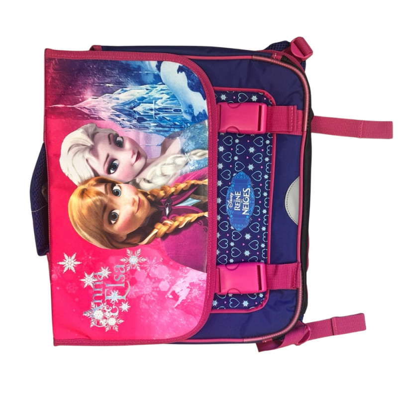 Cartable Reine des Neiges Fille 37 cm rose et violet avec 2 compartiments, poche frontale et bretelles matelassées