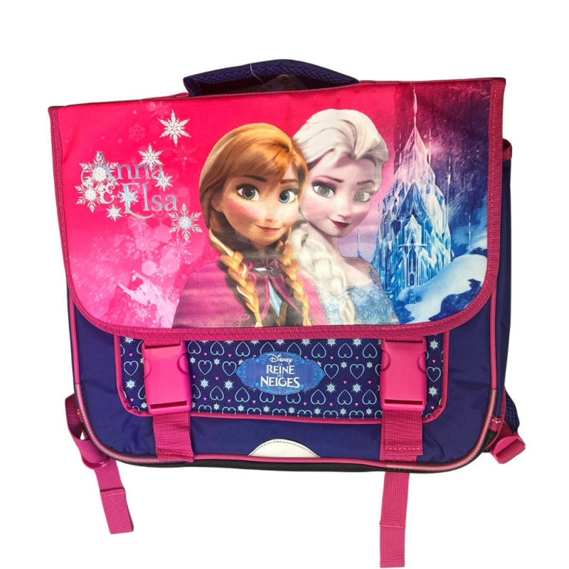 Cartable Reine des Neiges Fille 37 cm rose et violet avec 2 compartiments, poche frontale et bretelles matelassées