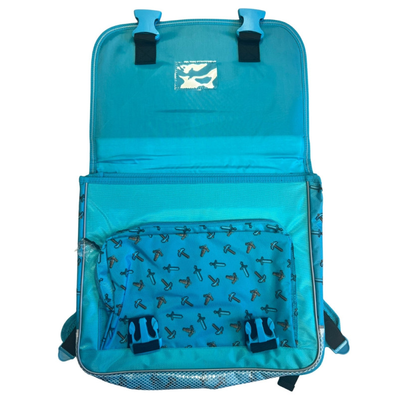 Cartable Minecraft  37 cm rose et violet avec 2 compartiments, poche frontale et bretelles matelassées