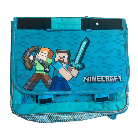 Cartable Minecraft  37 cm rose et violet avec 2 compartiments, poche frontale et bretelles matelassées