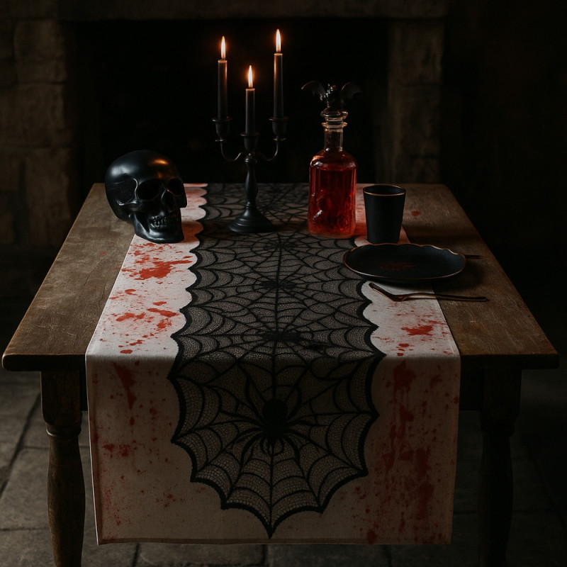 Pack de 2 Grands Chemins de Table Halloween Tissu Polyester Noir Motif Toile d'Araignée 183 x 45 cm Décoration
