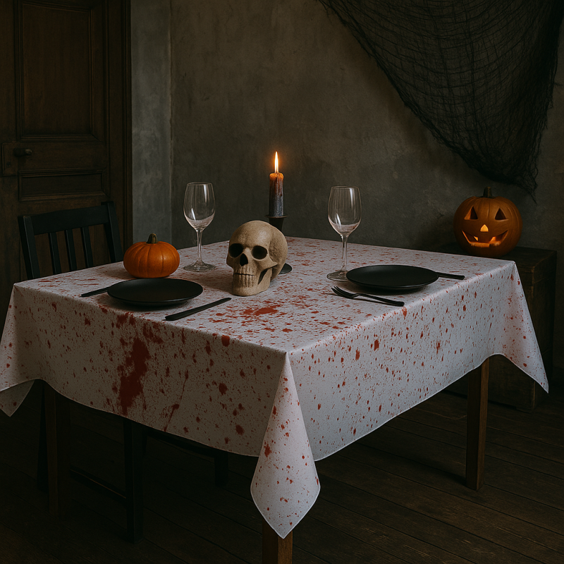 Grande Nappe Halloween Blanche Sanglante Motif Eclaboussures Rouges 245 x 75 cm Décoration