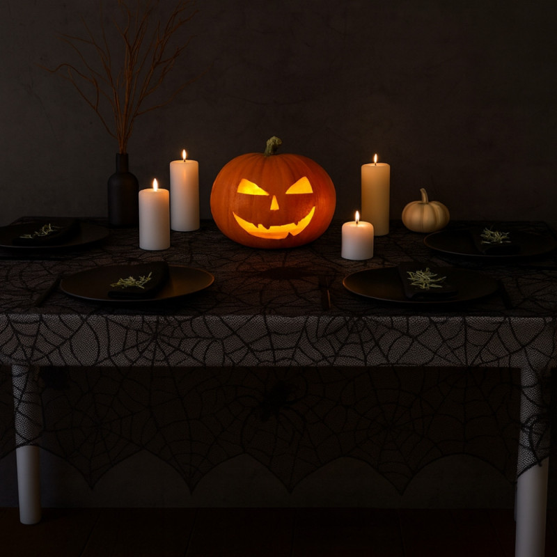 Pack de 2 Grands Chemins de Table Halloween Tissu Polyester Noir Motif Toile d'Araignée 183 x 45 cm Décoration