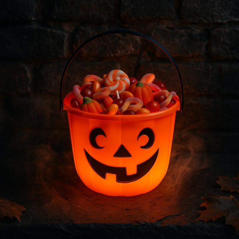 Seau à Bonbons Halloween Orange Rigide 14cm Motif Tête de Citrouille pour Enfants Trick Or Treat