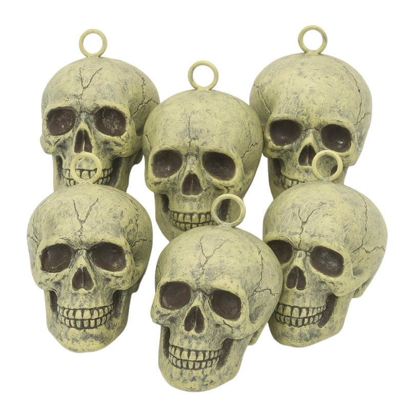 Lot de 6 Têtes de Mort 10 cm en Plastique à Poser ou à Suspendre Décoration Maison et Table Halloween