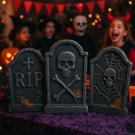 Lot de 3 Pierres Tombales RIP en Polystyrène 35 cm Modèle Aléatoire Décoration Halloween