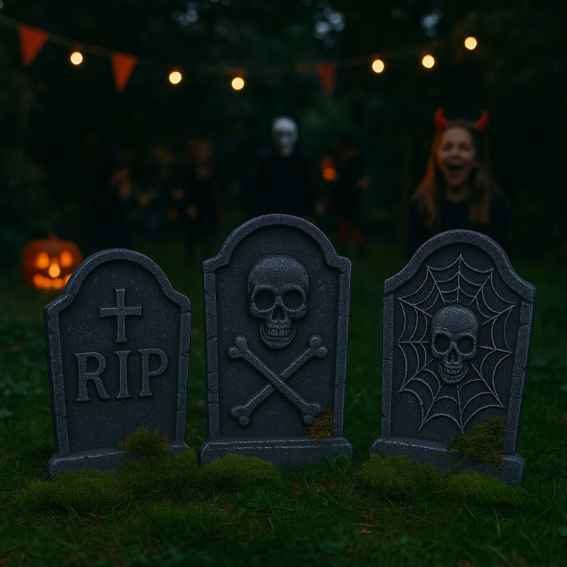 Lot de 3 Pierres Tombales RIP en Polystyrène 35 cm Modèle Aléatoire Décoration Halloween
