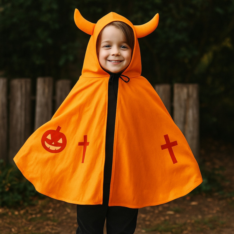 Déguisement Cape à Cornes Enfant Orange et Noire Taille Unique 3 à 6 Ans Costume Halloween