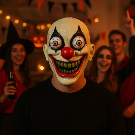 Masque Clown aux Yeux Exorbités Effrayant 25 cm pour Adulte Déguisement Halloween