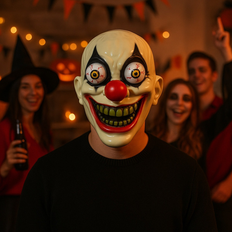 Masque Clown aux Yeux Exorbités Effrayant 25 cm pour Adulte Déguisement Halloween