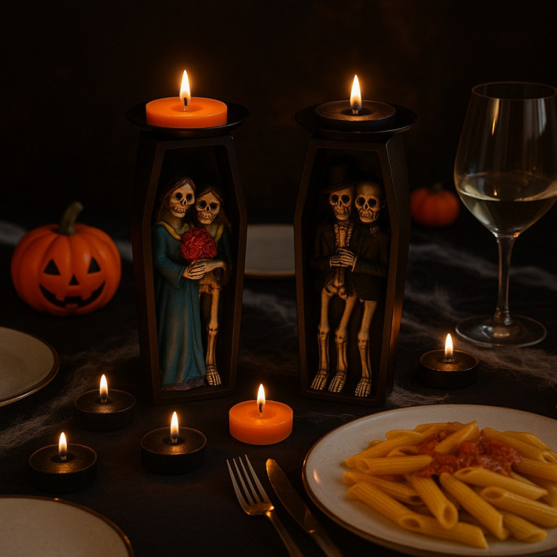 Grand Bougeoir Halloween 18cm en Forme de Cercueil avec Squelettes Couleur Aléatoire et 9 Bougies Chauffe Plats
