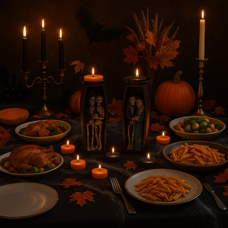 Grand Bougeoir Halloween 18cm en Forme de Cercueil avec Squelettes Couleur Aléatoire et 9 Bougies Chauffe Plats
