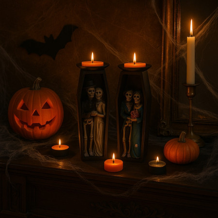 Grand Bougeoir Halloween 18cm en Forme de Cercueil avec Squelettes Couleur Aléatoire et 9 Bougies Chauffe Plats