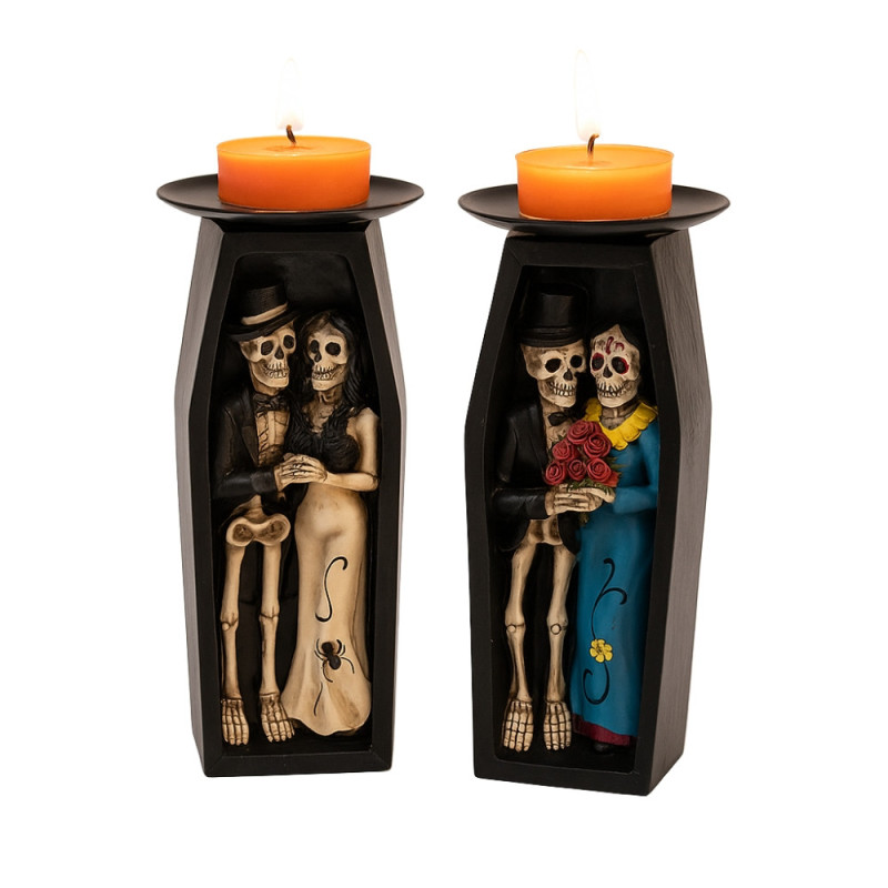Grand Bougeoir Halloween 18cm en Forme de Cercueil avec Squelettes Couleur Aléatoire et 9 Bougies Chauffe Plats