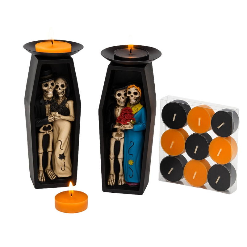Grand Bougeoir Halloween 18cm en Forme de Cercueil avec Squelettes Couleur Aléatoire et 9 Bougies Chauffe Plats