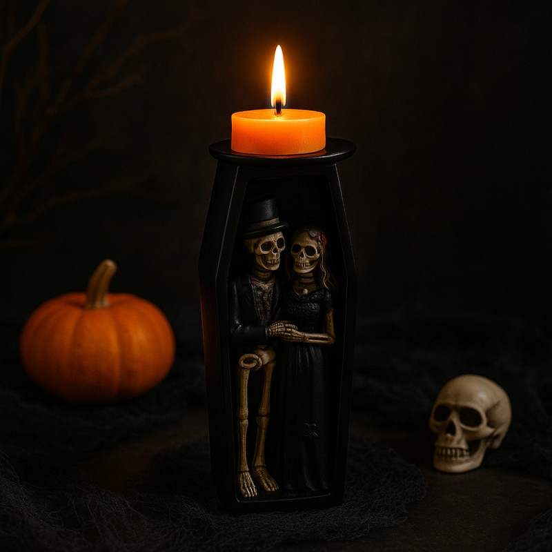 Grand Bougeoir Halloween 18cm en Forme de Cercueil avec Squelettes Couleur Aléatoire et 9 Bougies Chauffe Plats