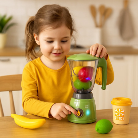 Jouet Blender Sonore et Lumineux, Fonctionnel avec Fruits et Tasse, Tourne Réellement, À Piles, Dès 3 Ans