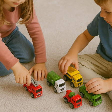 Coffret 16 Camions à Rétrofriction, Véhicules Métier Militaire, Construction, Pompier et Propreté, Jouet Enfant dès 3 Ans