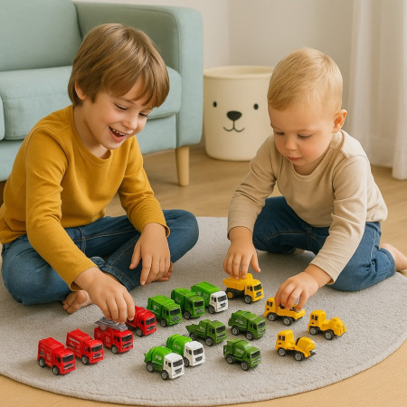 Coffret 16 Camions à Rétrofriction, Véhicules Métier Militaire, Construction, Pompier et Propreté, Jouet Enfant dès 3 Ans