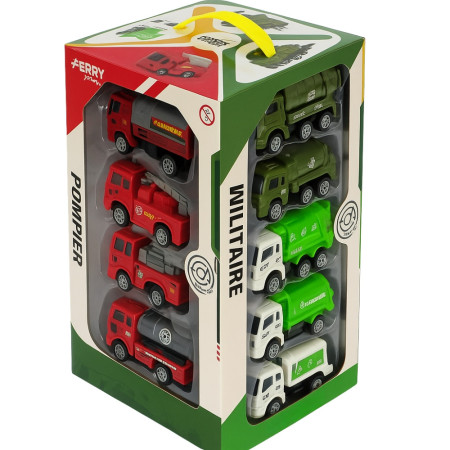 Coffret 16 Camions à Rétrofriction, Véhicules Métier Militaire, Construction, Pompier et Propreté, Jouet Enfant dès 3 Ans