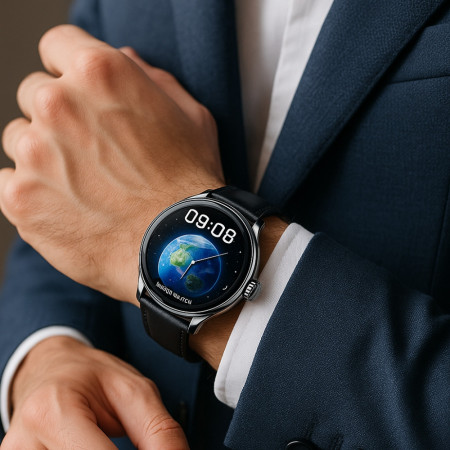 Montre Connectée, Écran AMOLED 1,57'' , Bracelet Cuir Noir, Bluetooth, Suivi Cardiaque, Pression, Activités , iOS & Android