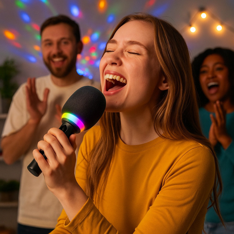 Micro-Enceinte Karaoké Bluetooth 3W avec Lumières LED RGB, Effets Vocaux Magiques et Batterie Rechargeable