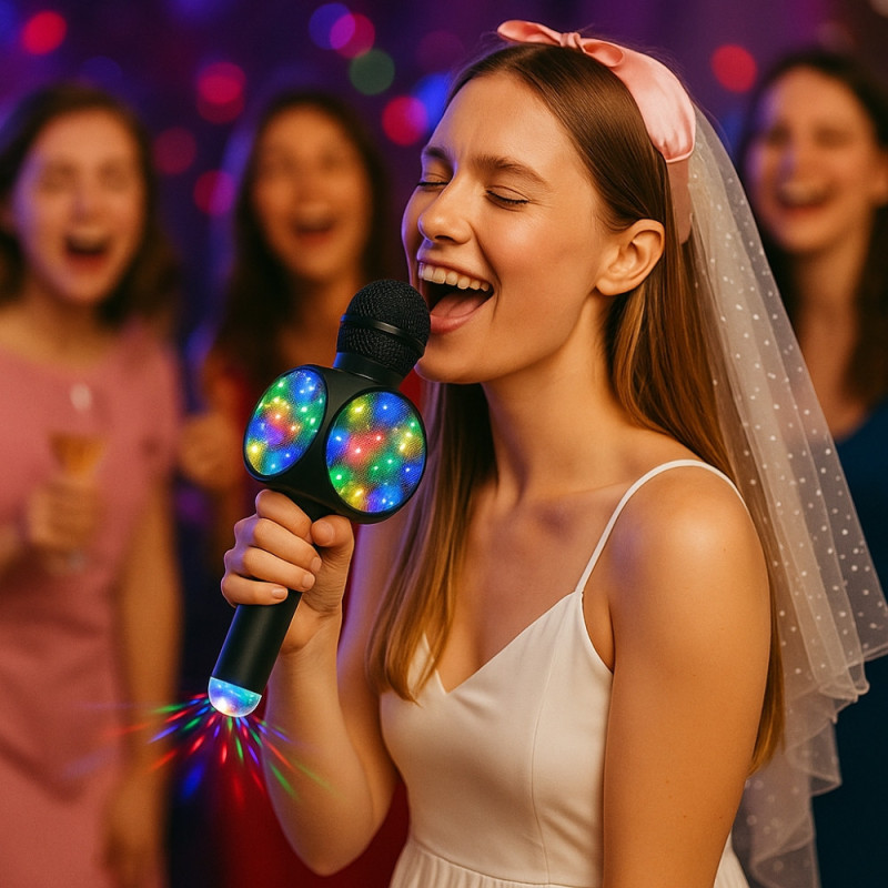 Micro-Enceinte Karaoké Bluetooth 3W avec Lumières LED et Boule Disco USB, Effets Vocaux Magiques et Batterie Rechargeable