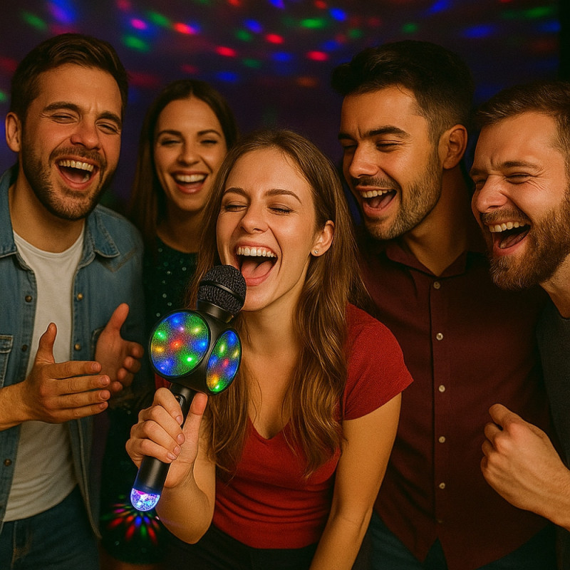 Micro-Enceinte Karaoké Bluetooth 3W avec Lumières LED et Boule Disco USB, Effets Vocaux Magiques et Batterie Rechargeable