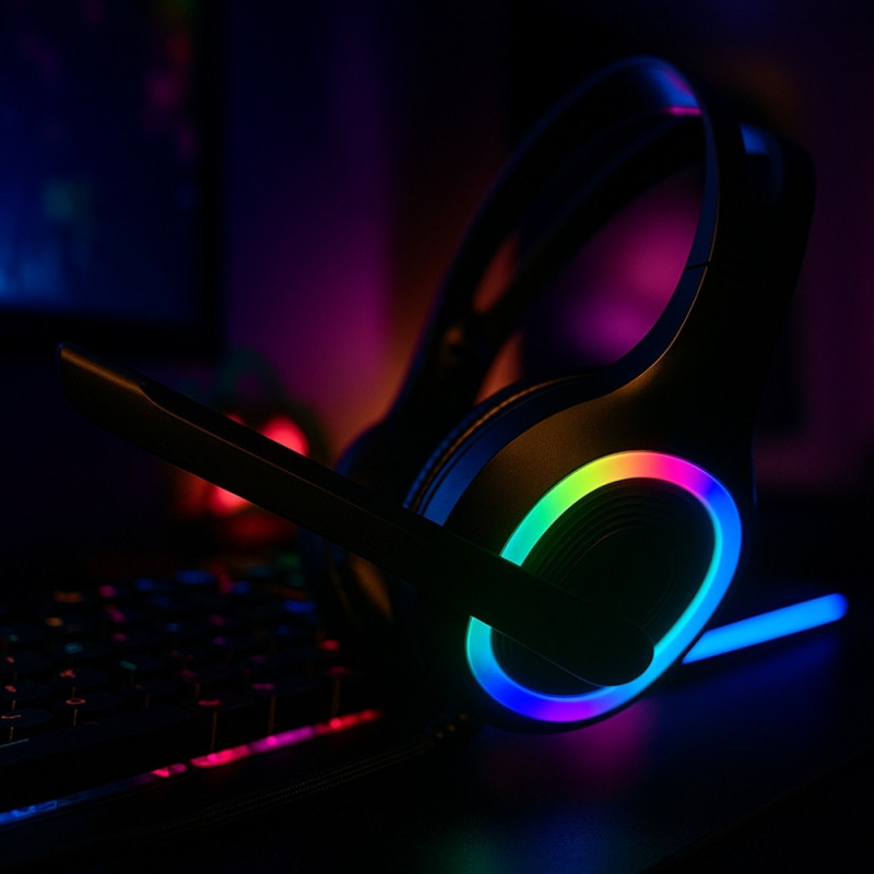 Casque Gaming PC LED Filaire avec Micro et Arceau Flexibles, Ecouteurs 40mm en Similicuir, Contrôle Volume et Lumières