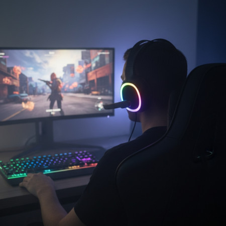 Casque Gaming PC LED Filaire avec Micro et Arceau Flexibles, Ecouteurs 40mm en Similicuir, Contrôle Volume et Lumières