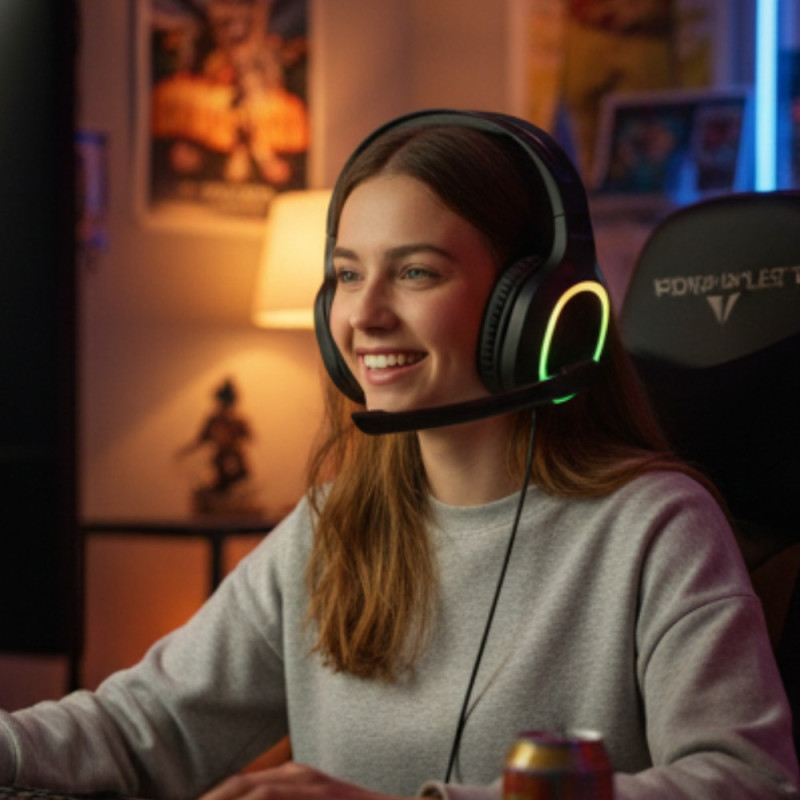 Casque Gaming PC LED Filaire avec Micro et Arceau Flexibles, Ecouteurs 40mm en Similicuir, Contrôle Volume et Lumières