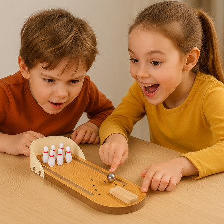 Mini Jeu de Bowling en Bois 28,5 cm – Jeu de Table Ludique et Original pour Enfants et Adultes, Pistes et Quilles Incluses