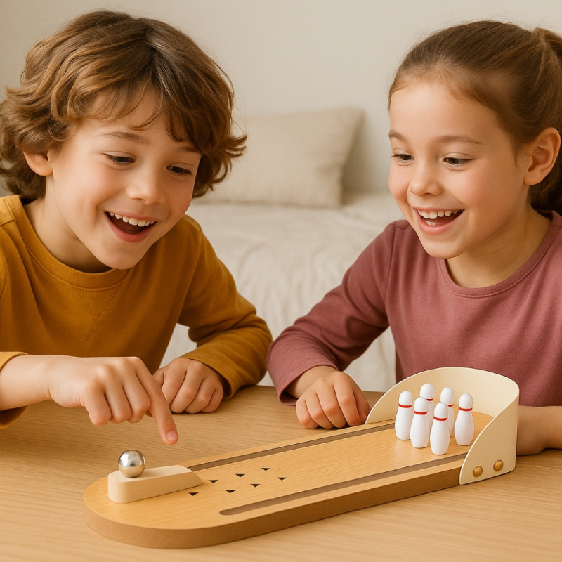 Mini Jeu de Bowling en Bois 28,5 cm – Jeu de Table Ludique et Original pour Enfants et Adultes, Pistes et Quilles Incluses