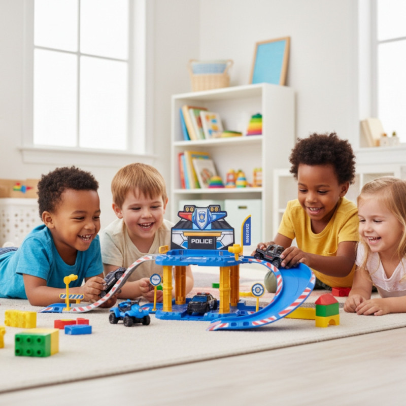 Garage de Police-Pompier 40 pcs à Assembler – Avec 1 Voiture, Rampe, Accessoires et Autocollants, Jeu de Construction et Créatif