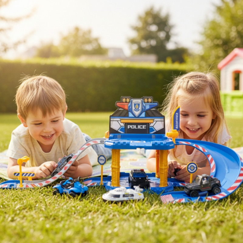 Garage de Police-Pompier 40 pcs à Assembler – Avec 1 Voiture, Rampe, Accessoires et Autocollants, Jeu de Construction et Créatif