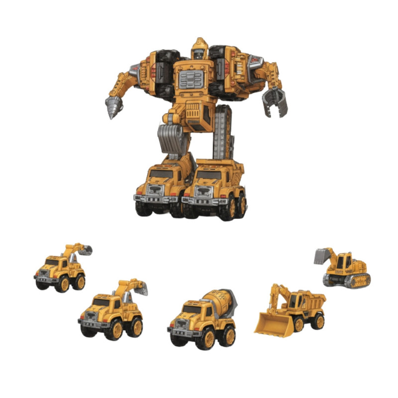 Robot Transformable 5-en-1 à Rétrofriction – Assemble 5 Véhicules de Chantier-Pompier en un Robot Puissant