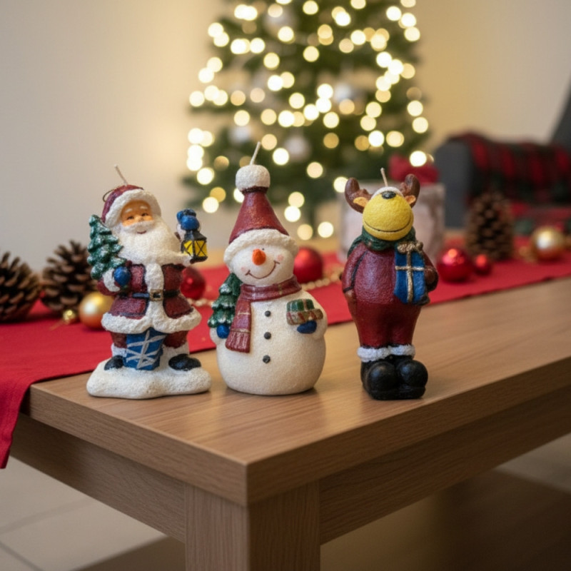 Pack de 3 Bougies Figurines de Noël 15 cm – Décorations Originales Assorties pour Ambiance Festive et Déco de Table