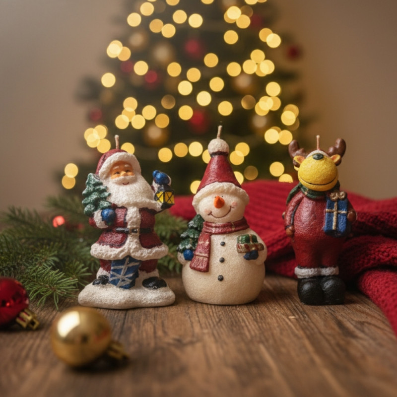 Pack de 3 Bougies Figurines de Noël 15 cm – Décorations Originales Assorties pour Ambiance Festive et Déco de Table