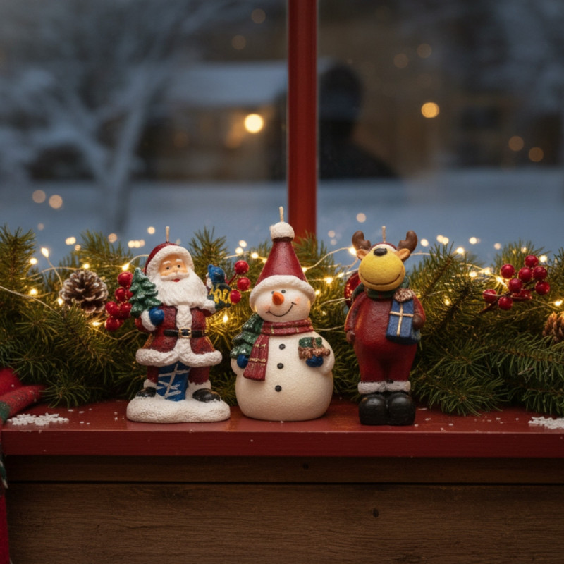 Pack de 3 Bougies Figurines de Noël 15 cm – Décorations Originales Assorties pour Ambiance Festive et Déco de Table