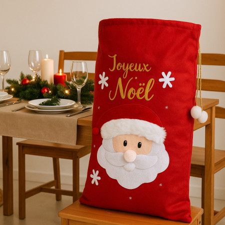 Grande Hotte de Noël XL 100x60 cm – Sac Cadeaux 3D Brodé “Joyeux Noël” avec Motif Père Noël, Décoration et Emballage Fêtes