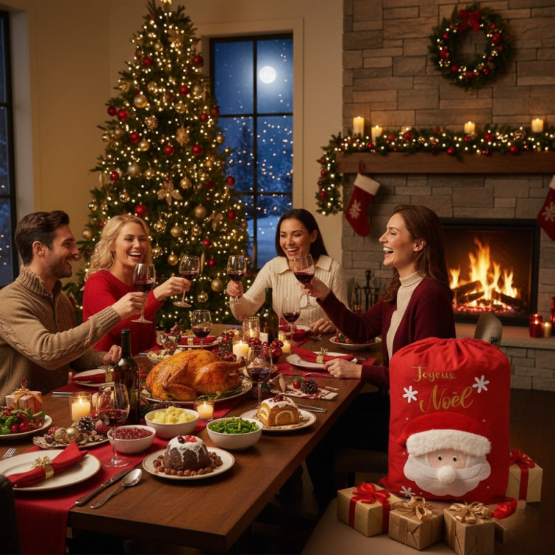 Grande Hotte de Noël XL 100x60 cm – Sac Cadeaux 3D Brodé “Joyeux Noël” avec Motif Père Noël, Décoration et Emballage Fêtes