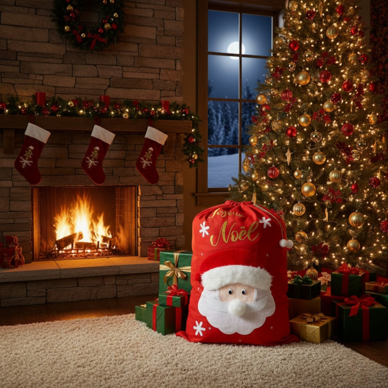 Grande Hotte de Noël XL 100x60 cm – Sac Cadeaux 3D Brodé “Joyeux Noël” avec Motif Père Noël, Décoration et Emballage Fêtes