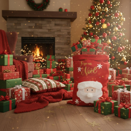 Grande Hotte de Noël XL 100x60 cm – Sac Cadeaux 3D Brodé “Joyeux Noël” avec Motif Père Noël, Décoration et Emballage Fêtes